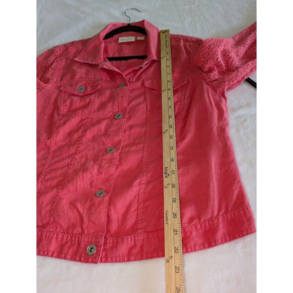Chicos Jacket Womens‎ Medium Linen Cotton Lace Sleeve Pink Button Down Boho Chic - Picture 5 of 8